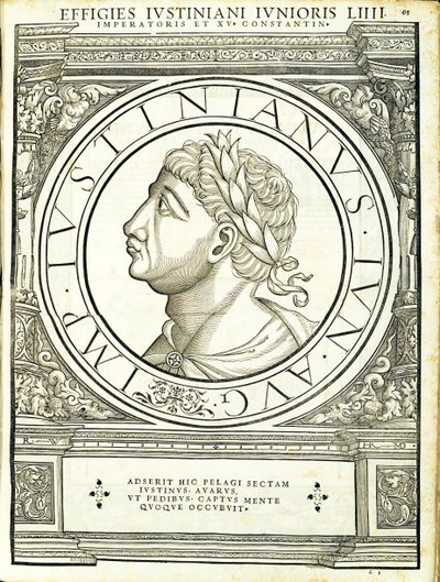 Giustiniano II, illustrazione da Imperatorum romanorum omnium orientalium et occidentalium verissimae imagines ex antiquis numismatis, xilografia di Rudolph Wyssenbach, stampata da Andreas Gesner, Zurigo da Hans Rudolf Manuel Deutsch